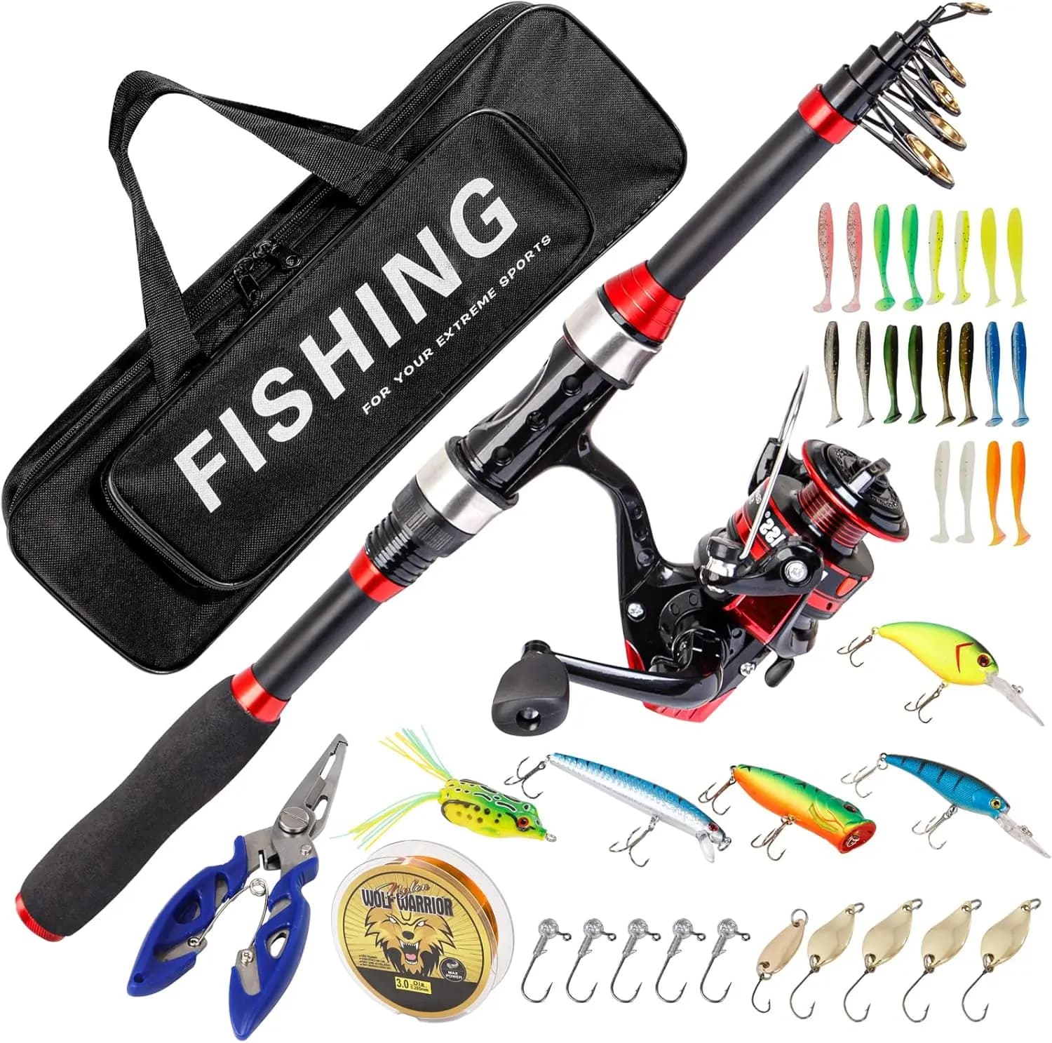 Canna da pesca e mulinello combinati con canna telescopica in fibra di vetro - mulinello da spinning, kit da pesca da viaggio per trota spigola, acqua dolce