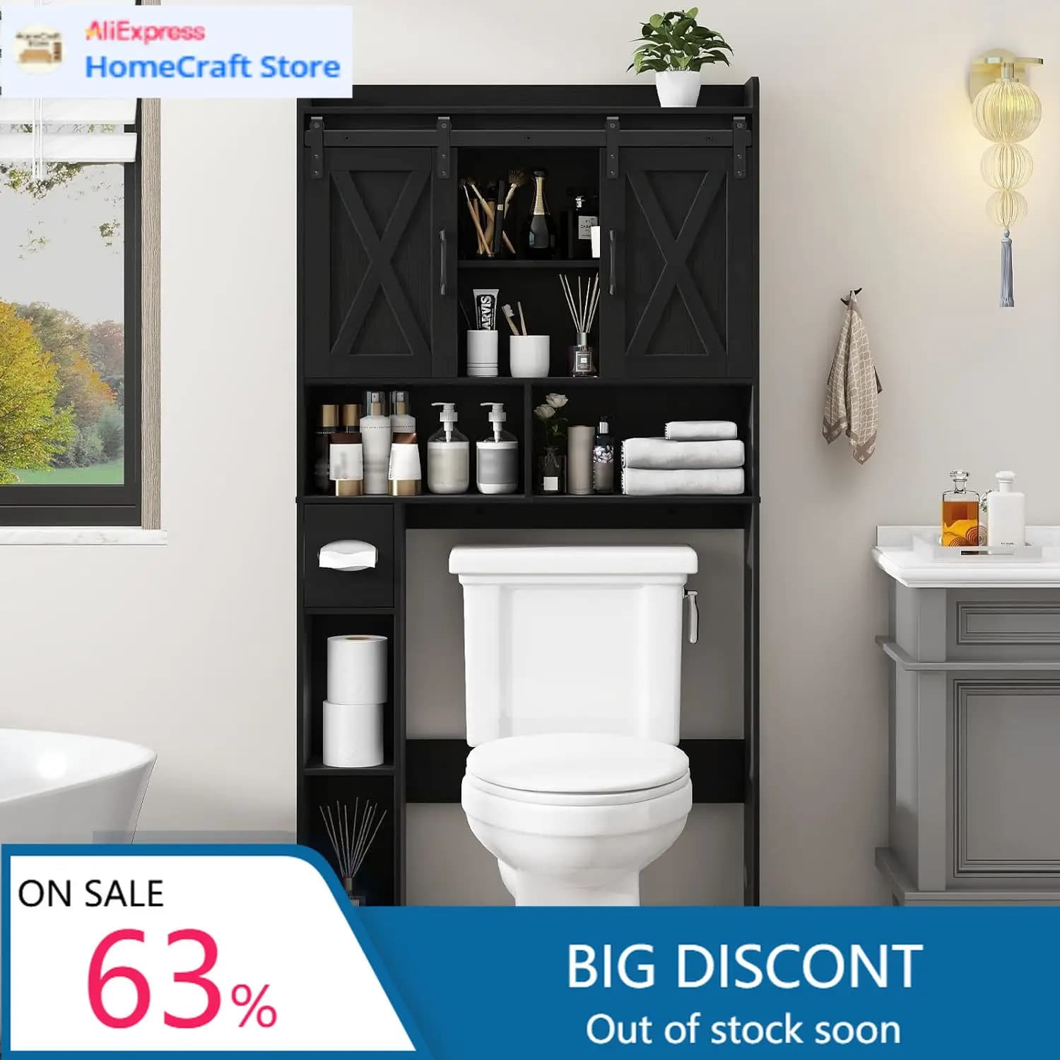 Mobiletto salvaspazio nero con porta scorrevole sopra il WC, porta carta igienica e ripiano per bagno, lavanderia e toilette