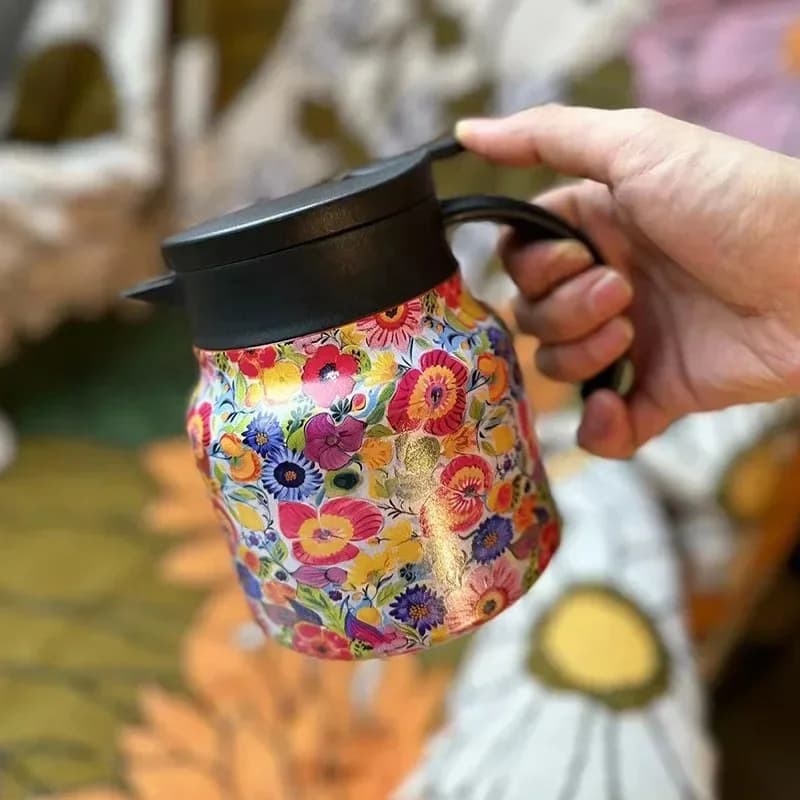800ml Coffee Pot with Tea Infuser 316 Stainless Steel Thermal Carafe with Floral Painting Keep Warm Function Tea Pots Coffee Cup