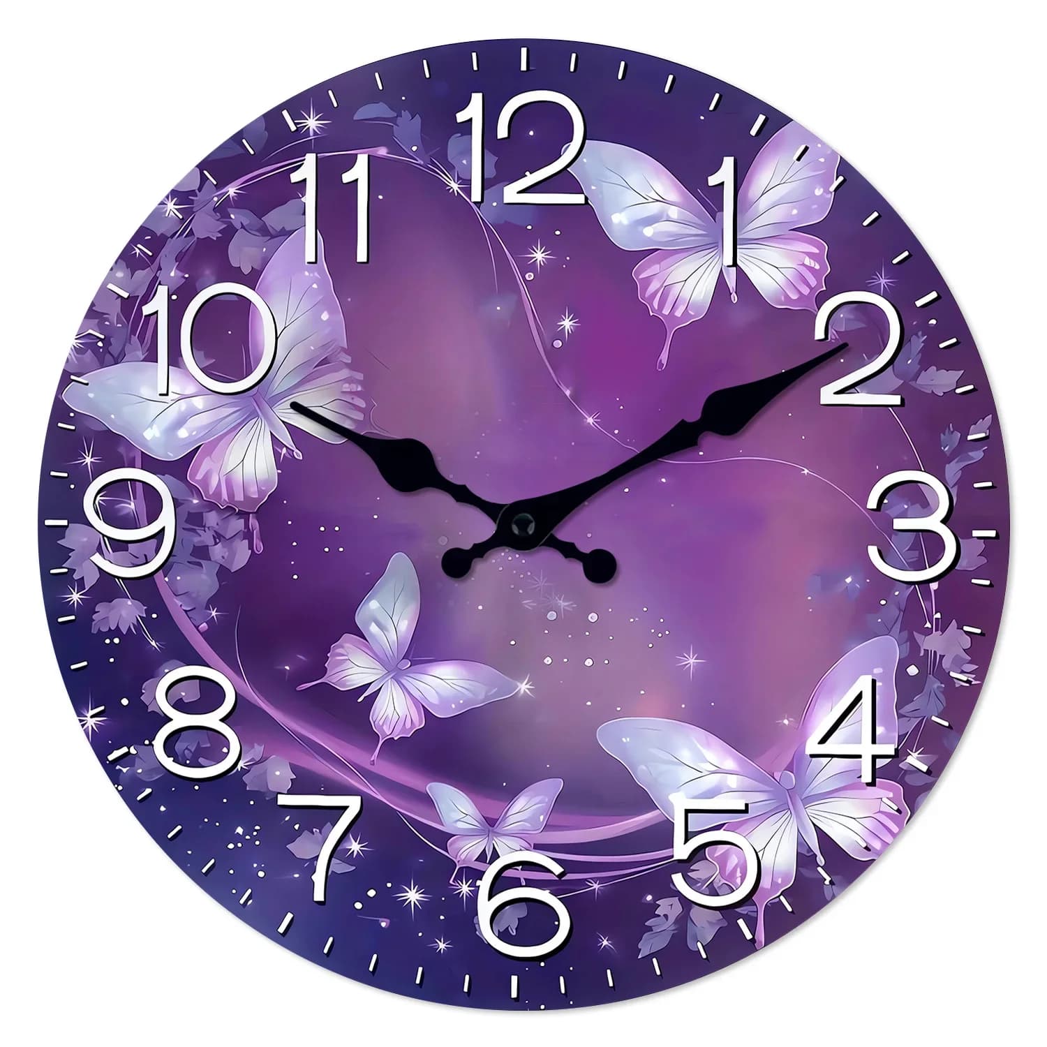 Silent wall clock with 1 piece purple butterfly for home and office decorations - Perfect for living room, bedroom, kitchen - Easter, New Year