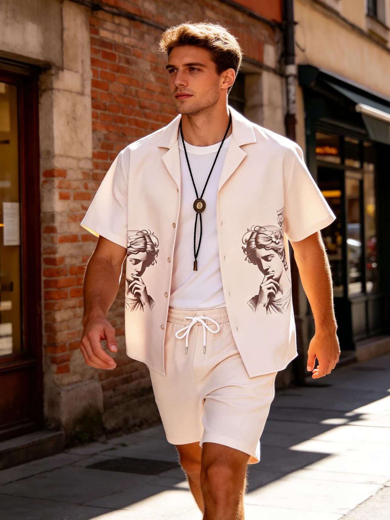 Men's Light Beige Cuban Collar Short-Sleeved Shirt and Shorts Two-Piece Set, Retro Sculpture Portrait Print Summer Casual Outfit, Men's Trendy Complete Outfit Set