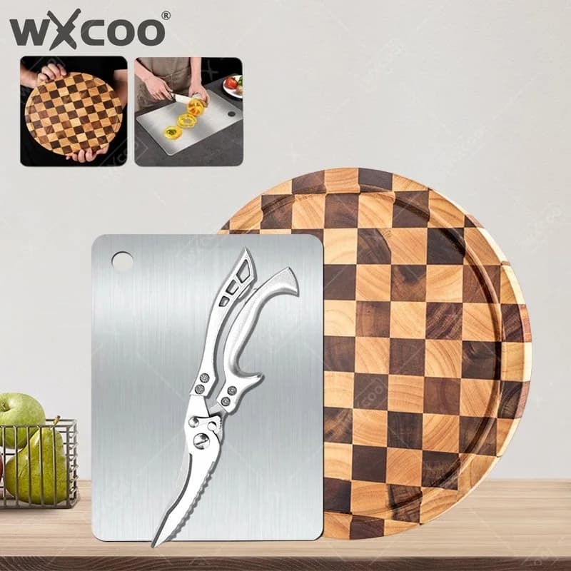 WXCOO Tagliere in Legno di Acacia, Gadget Domestico, Tagliere a Doppia Faccia, Set da Cucina per Alimenti con Supporto per Forbici