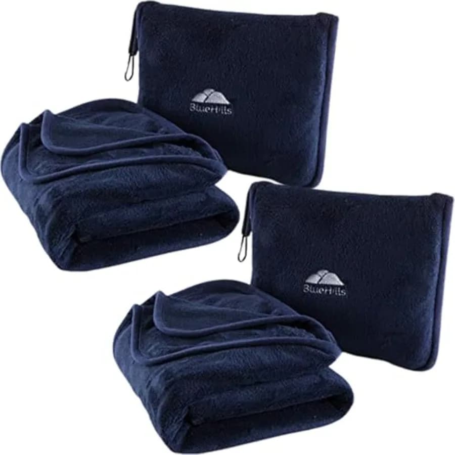 Set Premium di 2 Coperte da Viaggio Morbide con Cuscini, Grandi Coperte per Aereo, per Due Persone, Compatte e Essenziali per il Viaggio