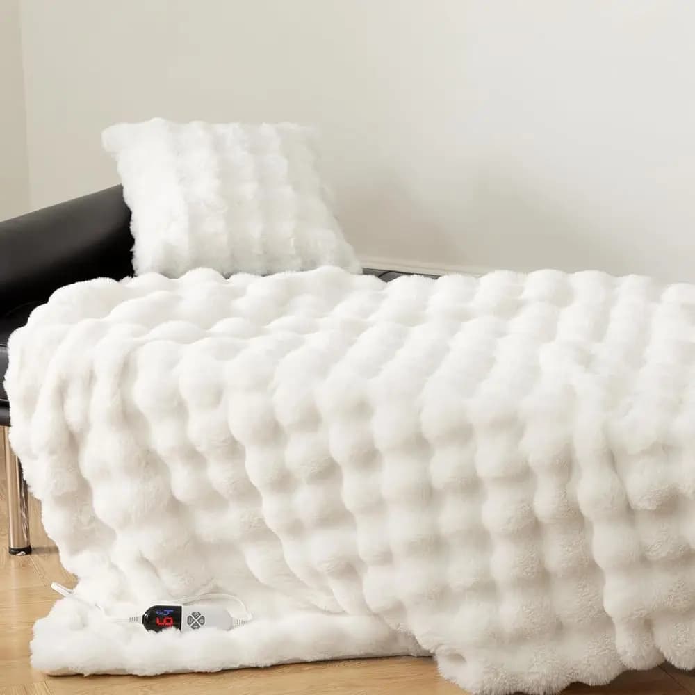 Coperta Riscaldata aux ur Bianca - Lussuosa Coperta Elettrica a Bolle di Coniglio con 6 Livelli di Riscaldamento, 4 Impostazioni di Tempo, Regalo Ideale
