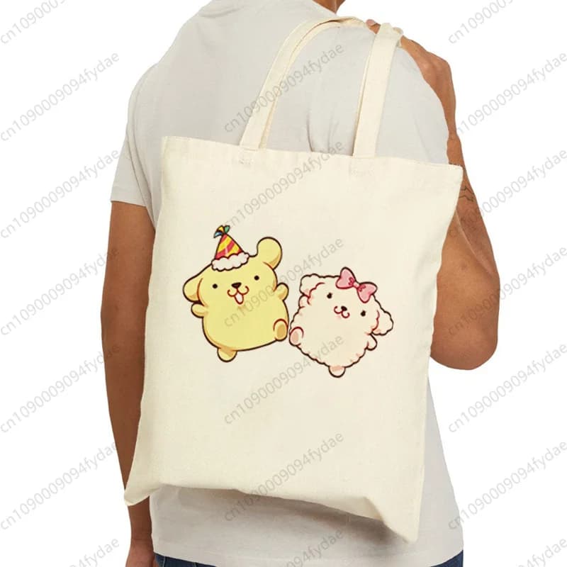 Borsa Shopping in Tela Sanrio Pom Pom Purin con Grafica Carina, Borsa Riutilizzabile per Mamma, Borsa Harajuku, Borsa a Mano, Borsa a Tracolla