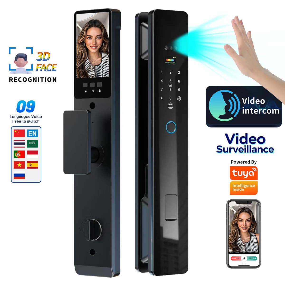 Serratura Intelligente Tuya Palm 2026 con RFID, Scheda IC, Wi-Fi, Videocamera, Chiamata Video, Sicurezza per Porta d'Ingresso, Serratura Elettrica con Impronta Digitale