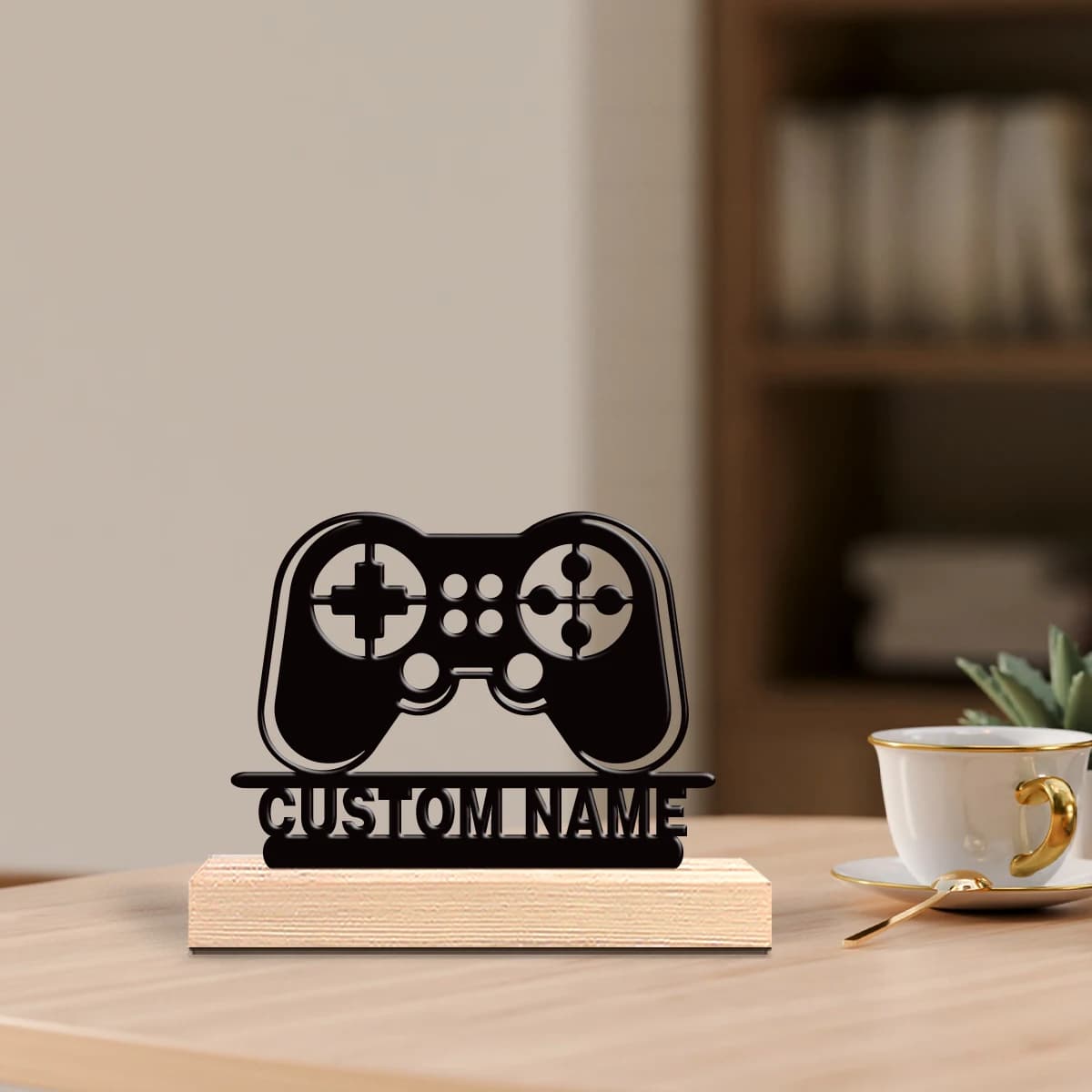 Custom Metal Game Controller Shape Statue with Wood Base, Table Decoration, Melodic Gift with Wood Frame