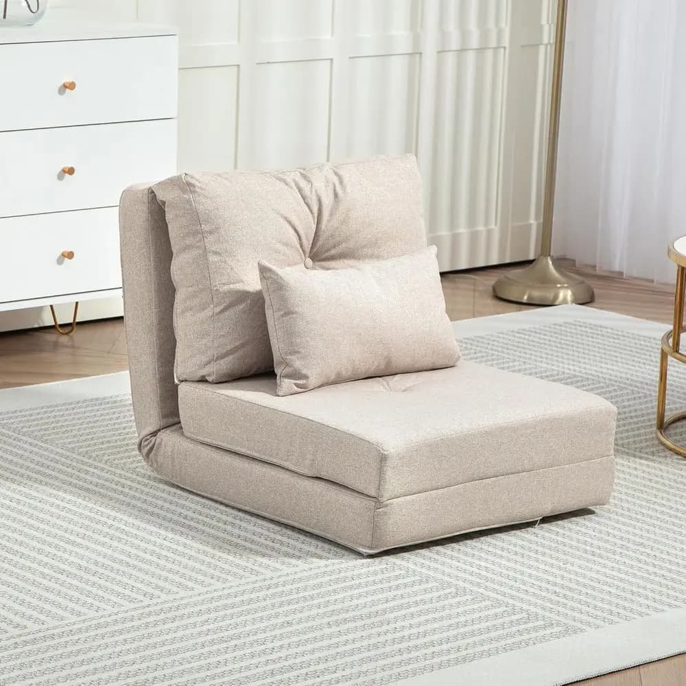 Poltrona Letto Convertibile con Schienale Regolabile, Gambe in Metallo, Cuscino e Rivestimento Beige per Divano o Camera da Letto