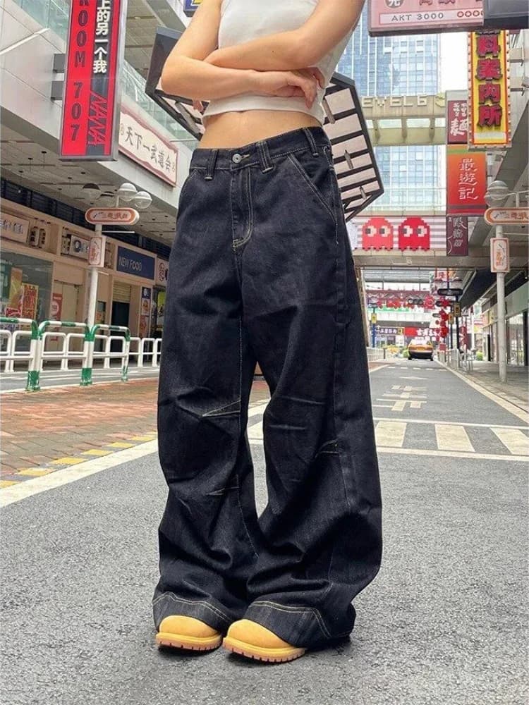 Deeptown Grunge Black Jeans Women Y2k Vintage Oversized High Street Wide Cargo Denim Trousers Casual Baggy Straight Denim Pants