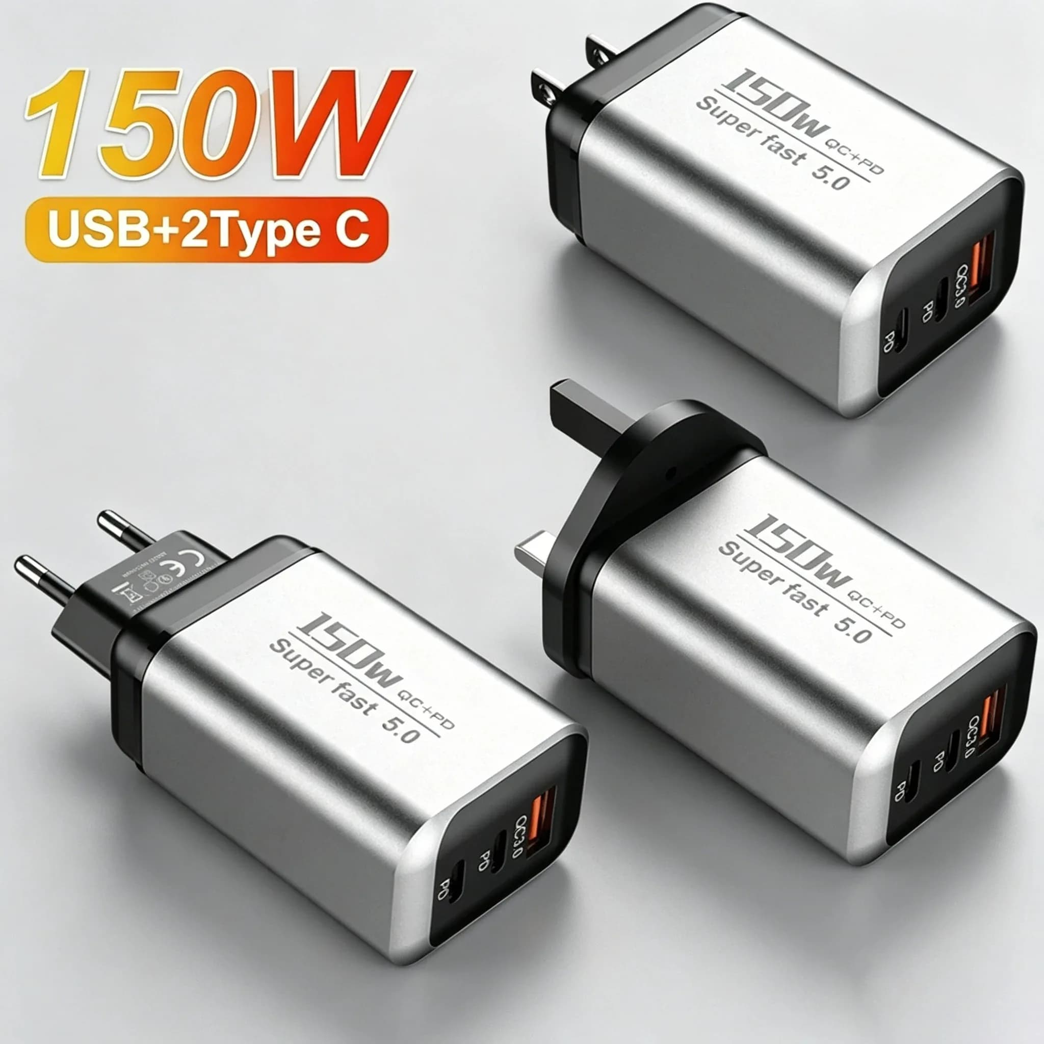 150W Fast Charger 3-Port 2PD QC3.0 USB Type C Power Adapter Travel Charging Block For iPhone Samsung Xiaomi EU/UK/US Plug