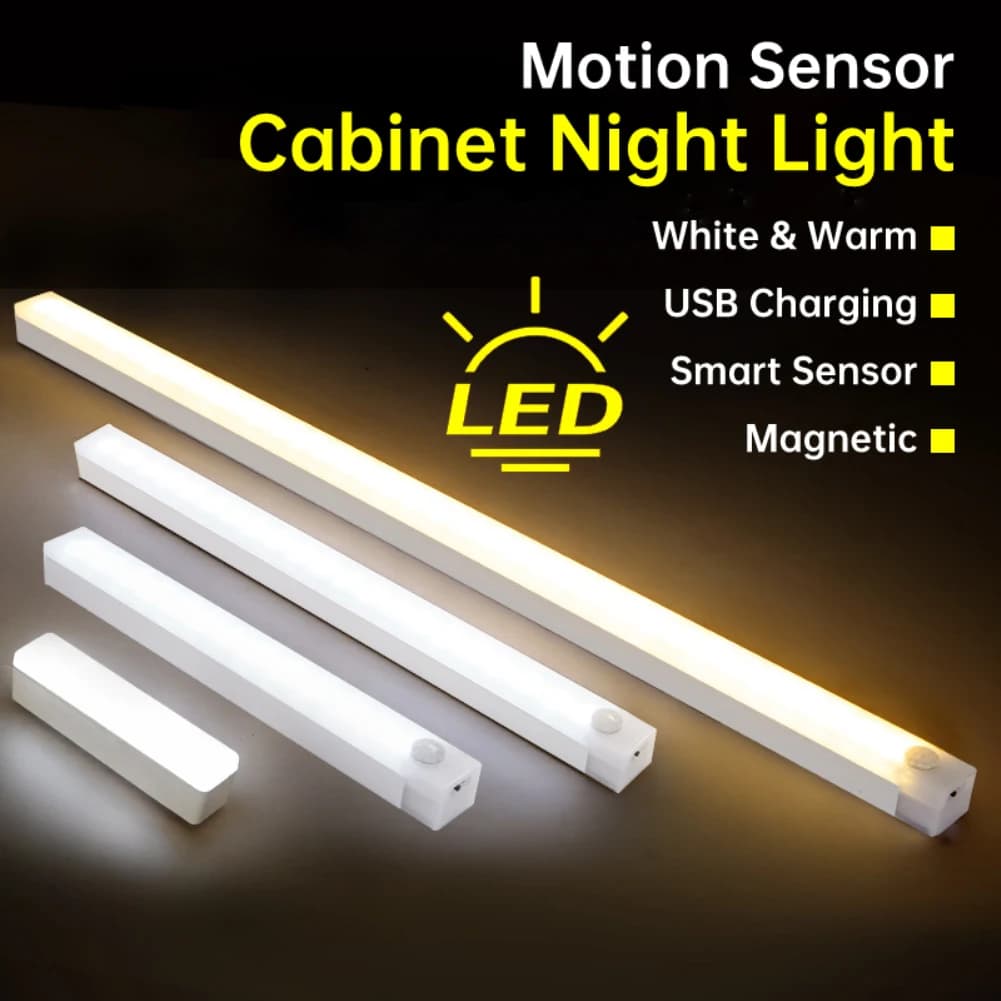 Sensore di movimento Luce notturna Lampada LED ricaricabile USB Wireless 100mm/200mm/300mm/500mm Lampada bianca calda Lampadine magnetiche per guardaroba