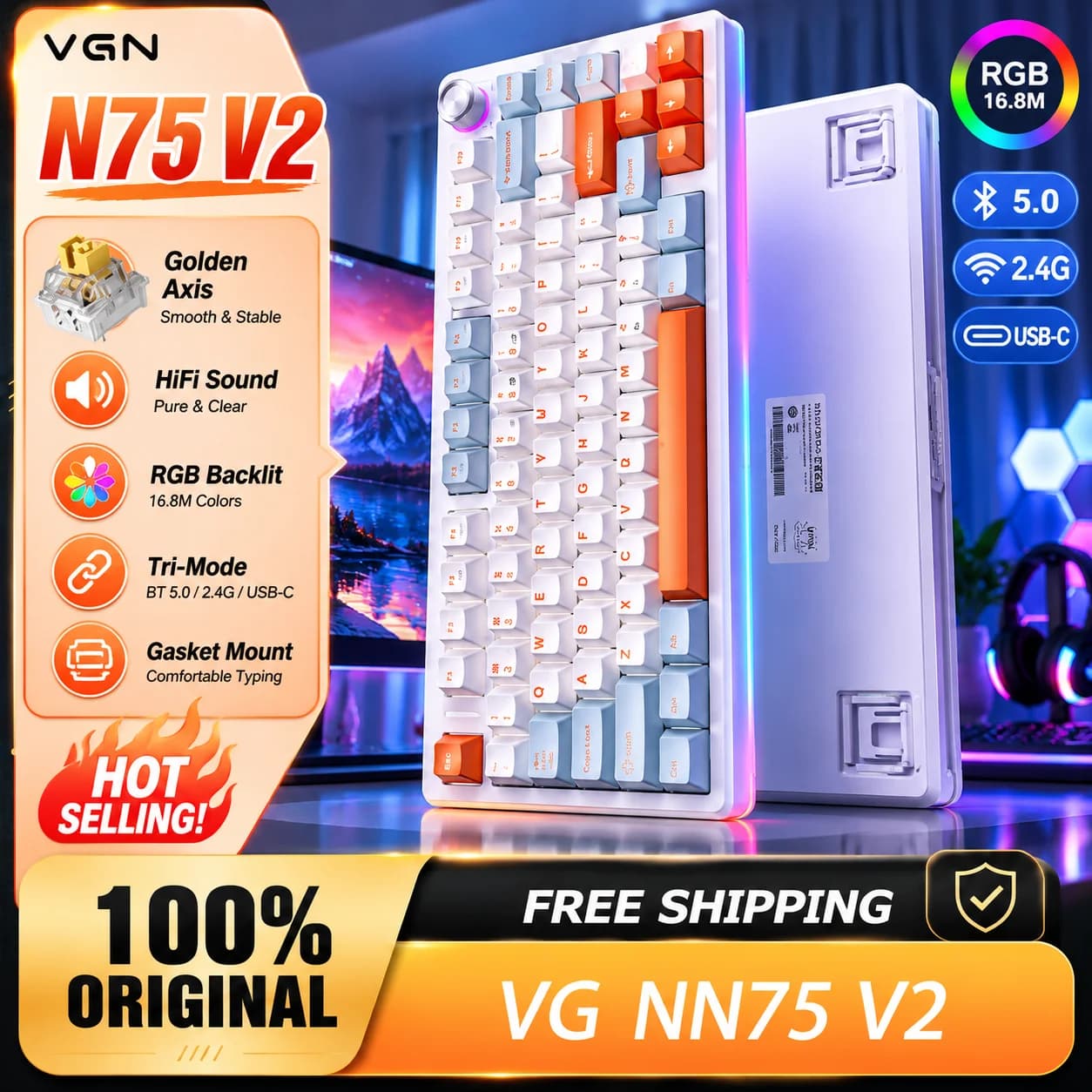 Tastiera Meccanica Wireless Tri-Mode VGN N75 V2, Hot Swap, Illuminazione RGB, Ergonomica, per Gaming, PC Personalizzato, E-Sports, Accessorio Regalo