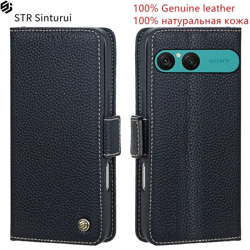 Custodia a portafoglio in vera pelle di litchi con slot per carte per Sony Xperia 10 IV VII VI 5 V III II, antiurto, a libro
