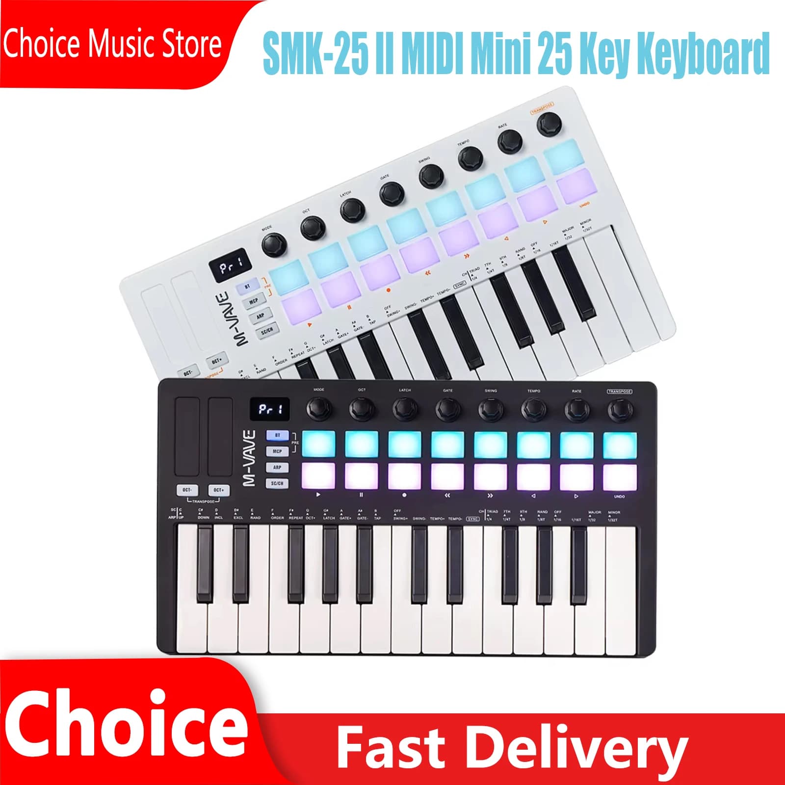 M-VAVE SMK-25 II Controller MIDI, Mini Tastiera a 25 Tasti USB, 16 Pad RGB, 8 Manopole con Software di Produzione Musicale Incluso