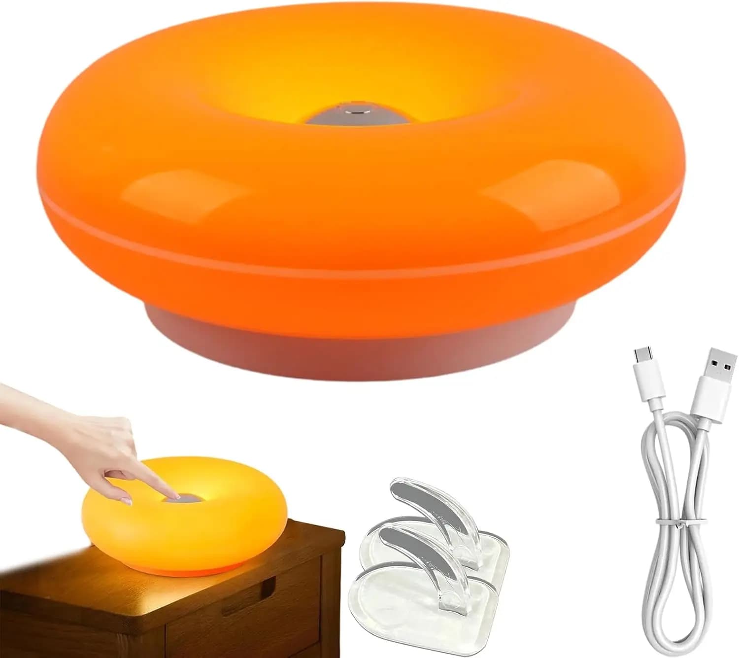 Creative Orange Donut Atmosphere Lamp, Rechargeable Orange Donut Wall Lamp with Abs Shade, 3-Colors Touch Donut Light for Bedroom and Desk, Novel Art Deco Lamp (Orange Plug-in Version)