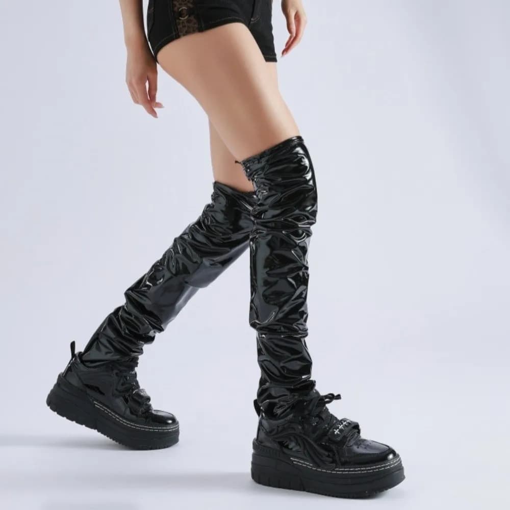 Over-the-Knee Metallic Socks Elastic Slimming Cyberpunk Stockings Reflective Silver Black Patent Leather Style Sleeves Unisex