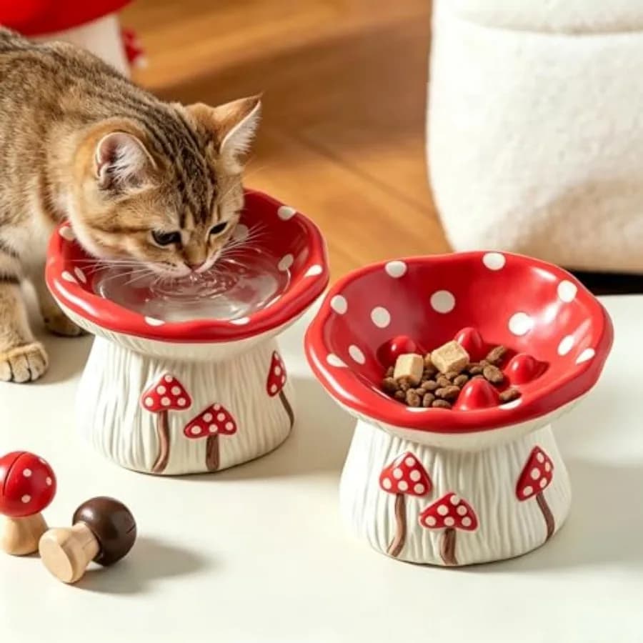 Set di Ciotole Rialzate in Ceramica per Gatti con Design Inclinato, Anti-Imbottitura del Mento, Ciotole per Cibo e Acqua per Animali Domestici, Carine e Ergonomiche per Collo e Stomaco