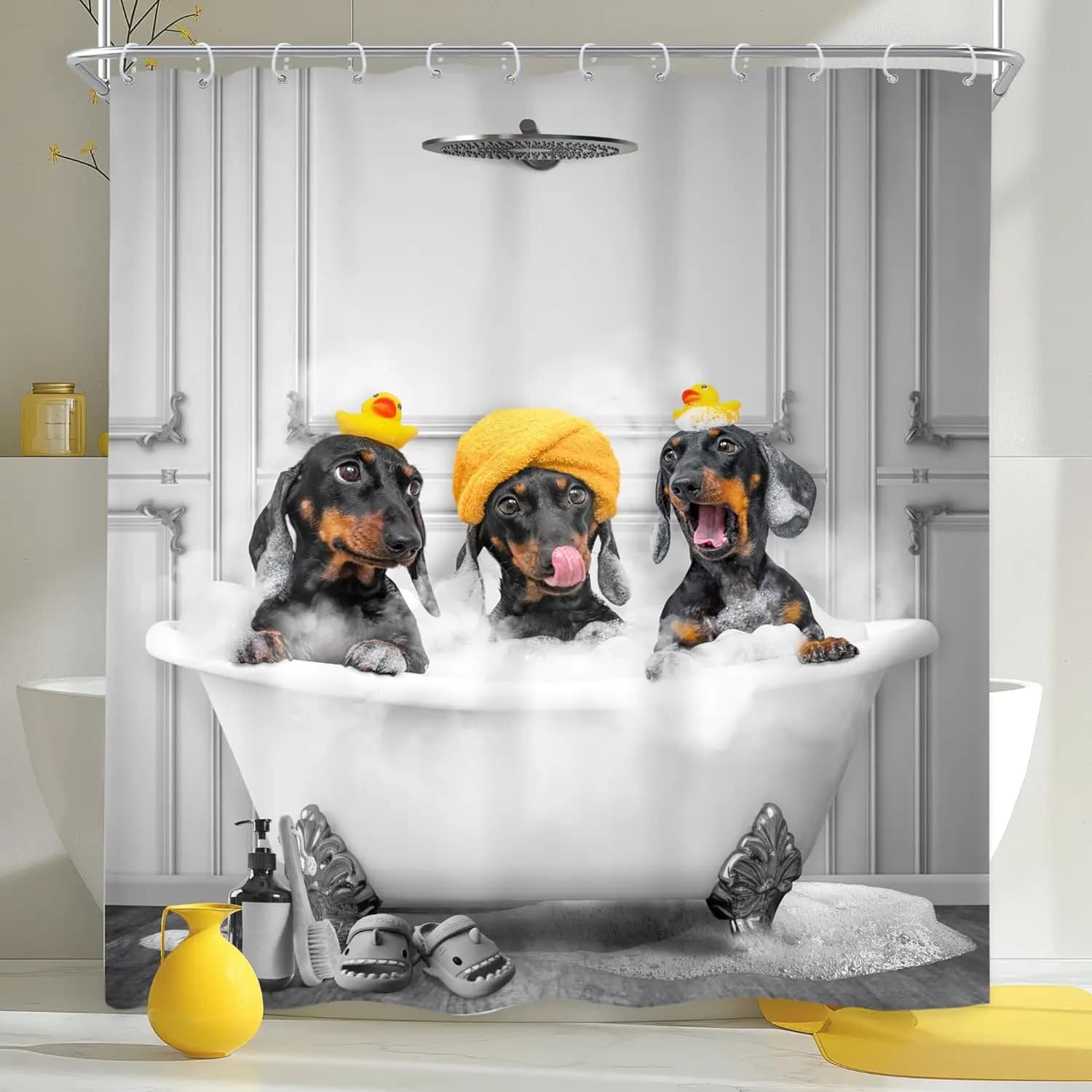 Tenda da doccia per cani divertenti 72Wx72H pollici Bassotto da bagno nella vasca da bagno Simpatico cucciolo di animale domestico Esilarante tenda da doccia Set da bagno