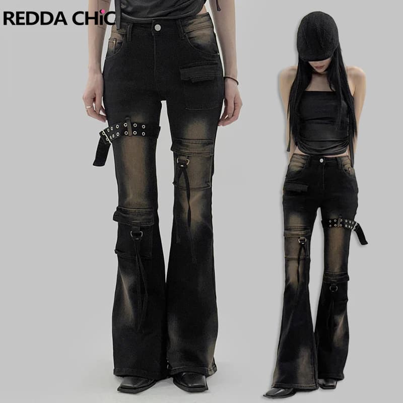 REDDACHiC Vintage Eyelet Belt Bootcut Denim Pants Do Old Fitted Multi-pocket Stretch Low Waist Cargo Jeans Acubi Fashion Clothes