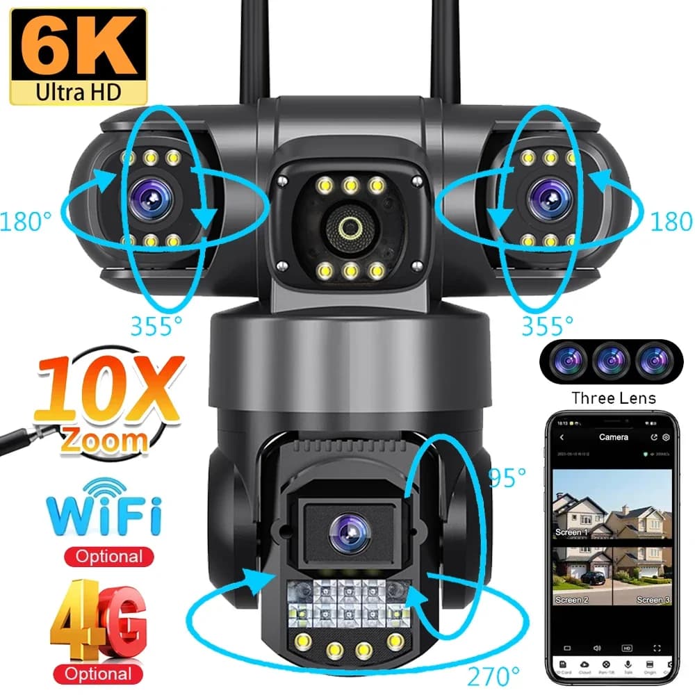 Telecamera di videosorveglianza a 3 obiettivi, Wi-Fi, CCTV, con scheda SIM 4G, wireless, monitoraggio a 360°, per esterni, impermeabile.