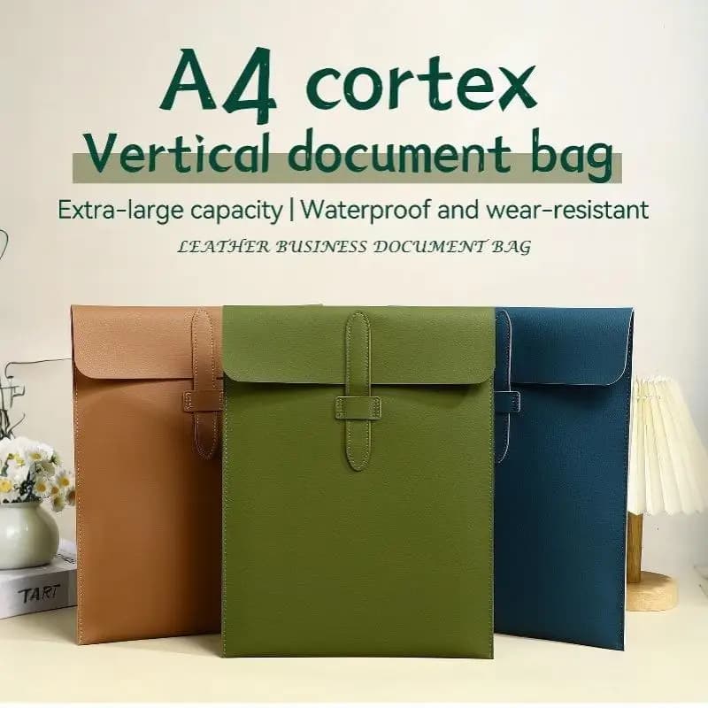 A4 Thick Leather Document Folder Portable File Organizer Bag for Contract Storage Students Office Workers