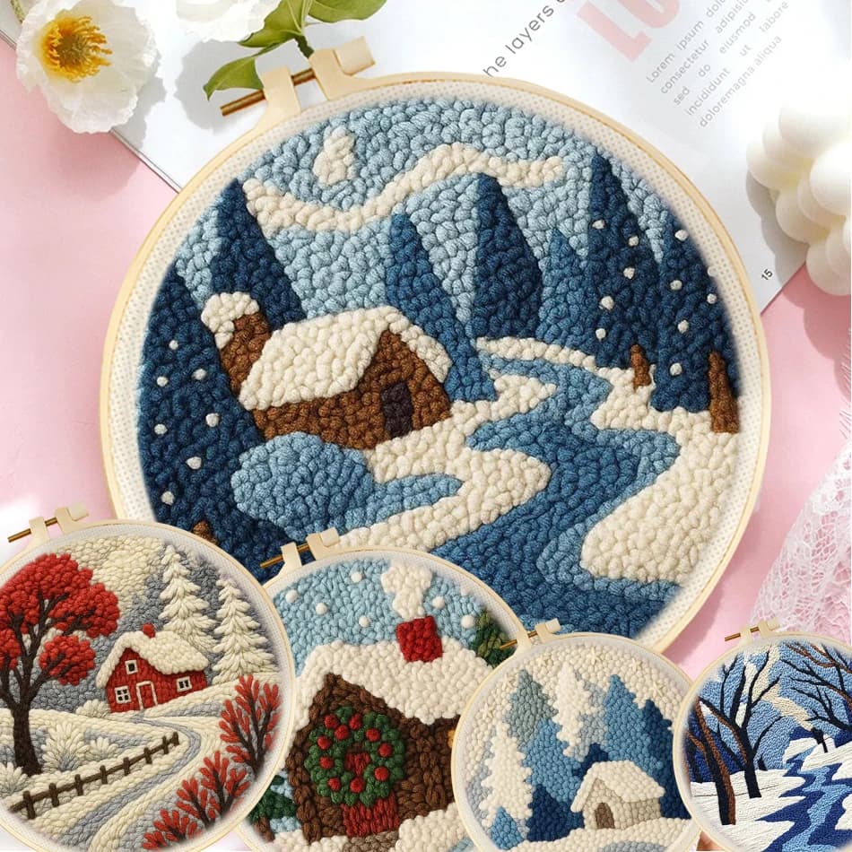 DIY Punch Needle Kits for Beginners Cozy Winter Vibe Easy Punch Needle Embroidery Set with Hoop Stamped Pattern Craft Home Decor