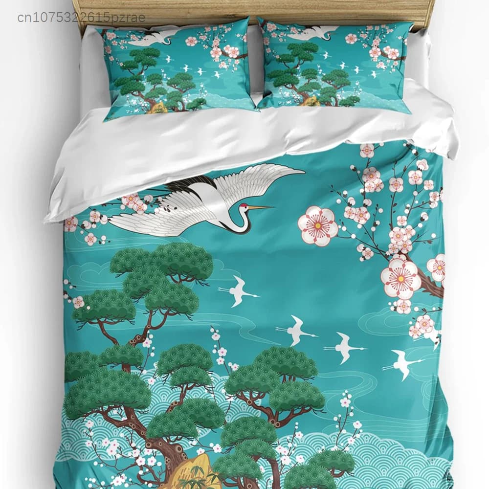 Japanese Style Crane Cherry Blossom Vintage 3pcs Bedding Set For Double Bed Home Textile Duvet Cover Quilt Cover Pillowcase