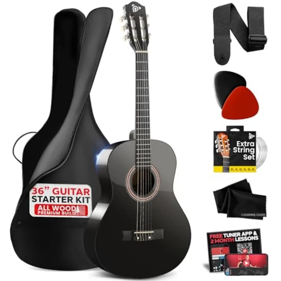 Beginner Acoustic Guitar Kit, 3/4 Junior Size All Wood Instrument for Learning, Black Gloss Finish, Includes Picks, Strap, Carr