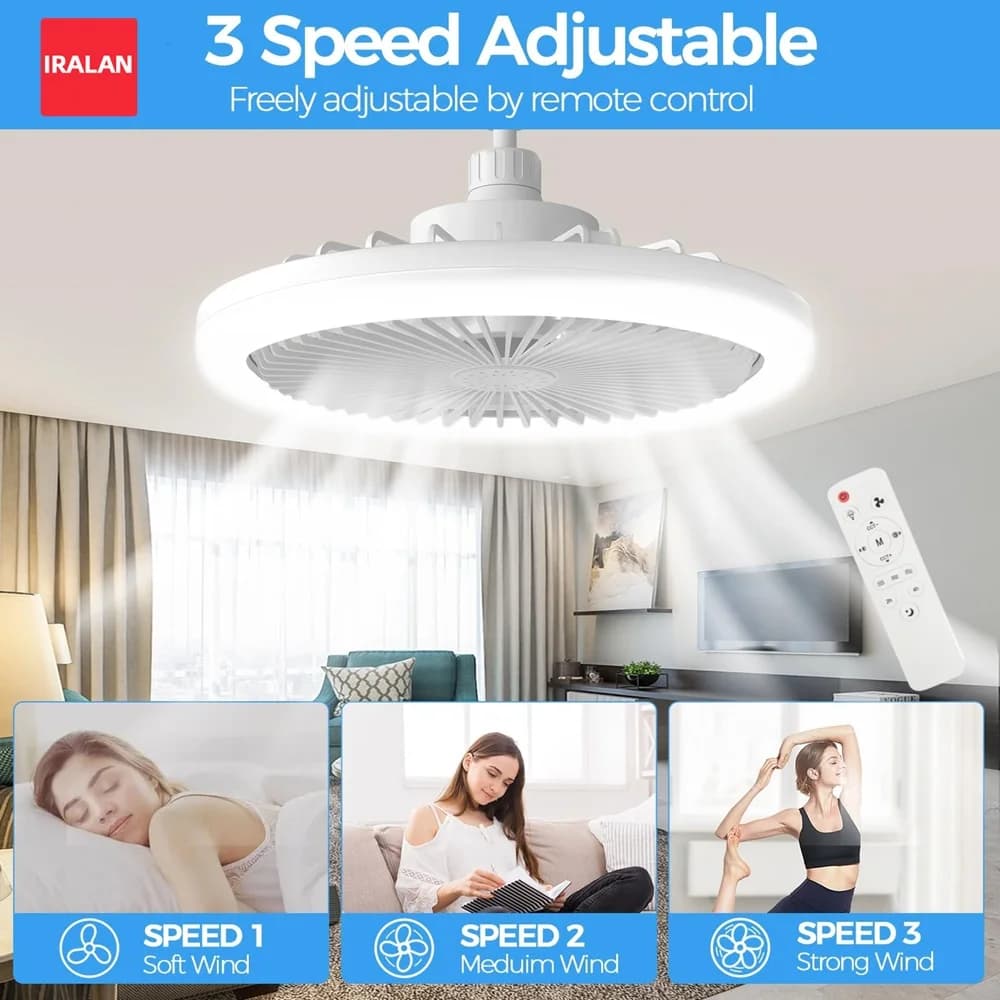 Ventilatore da soffitto E27 con testa universale, moderno, silenzioso, con telecomando e dimmerabile, per uso domestico