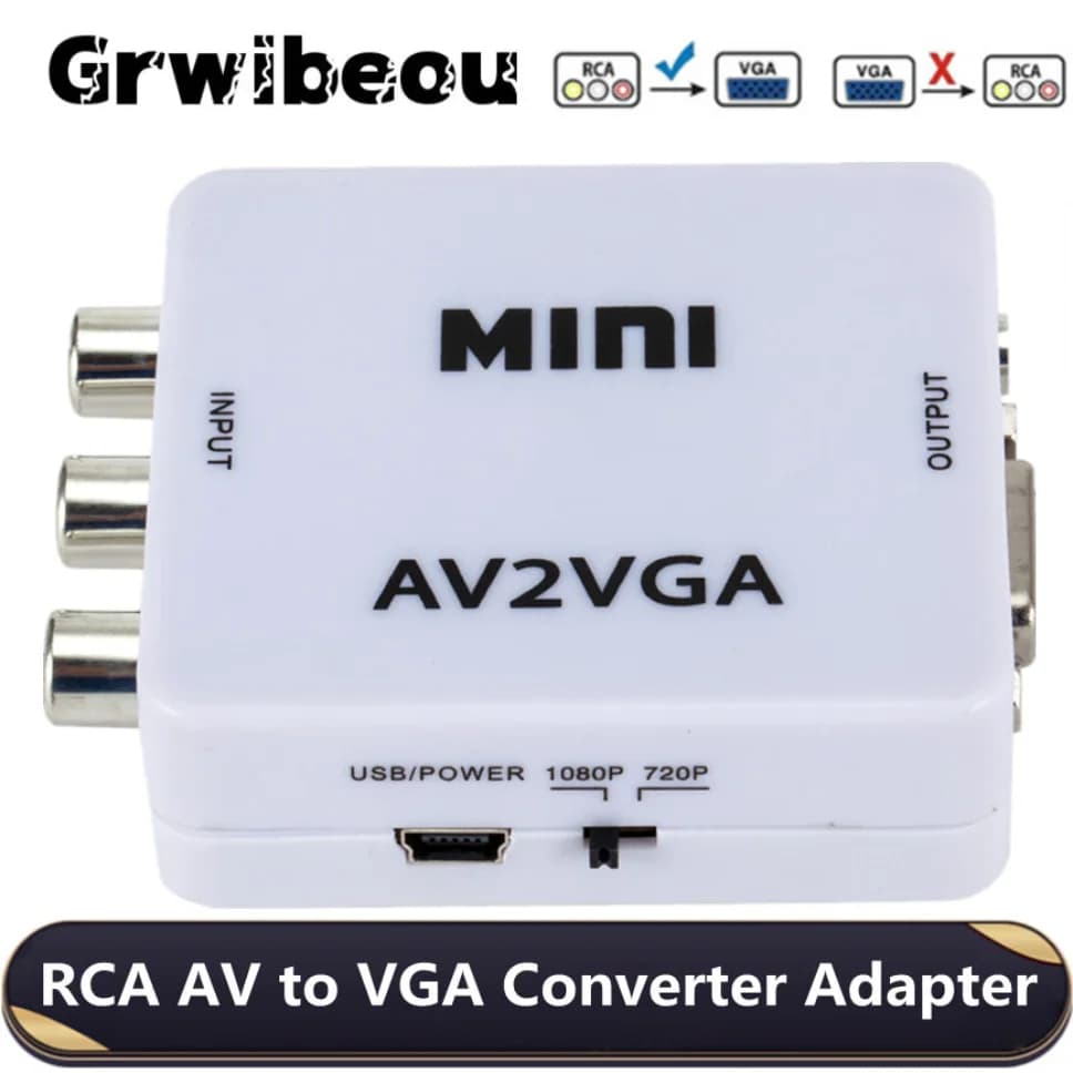 Convertitore da AV a VGA Grwibeou Adattatore video Mini RCA a VGA 1080P con jack audio da 3,5 mm AV2VGA / CVBS + adattatore audio da PC HDTV
