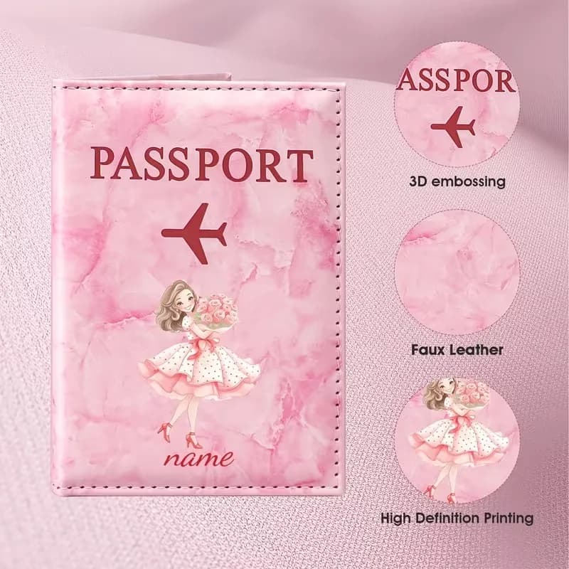 Personalized Custom Name Pink Romantic Girl Style Illustration Design PU Passport Holder, Featuring an Elegant Woman Holding