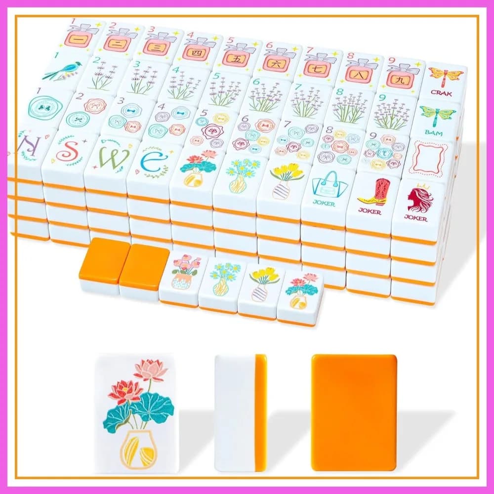 Set di Tessere Mahjong Americano, 160 Tessere in Melamina Arancioni Incise con Borsa e Accessori