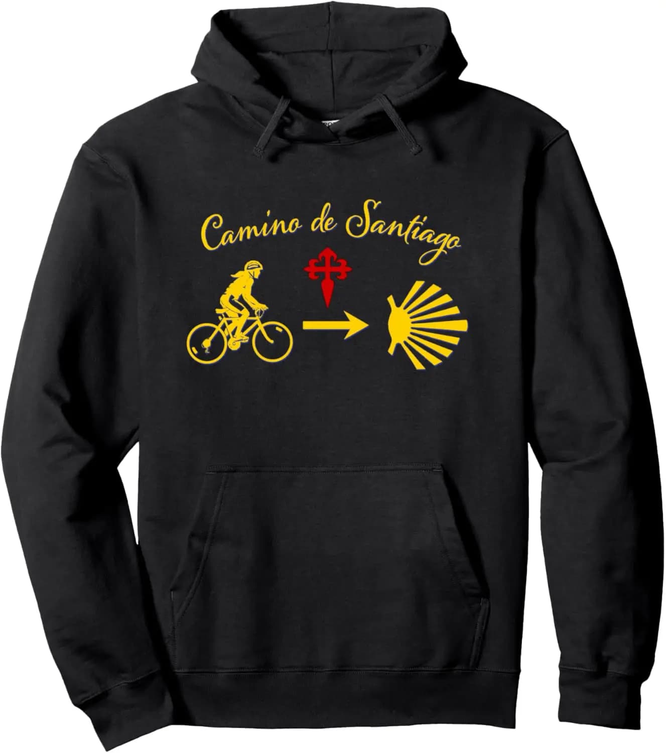 Felpa con cappuccio Camino de Santiago da bicicletta femminile con cappuccio smerlato e freccia gialla