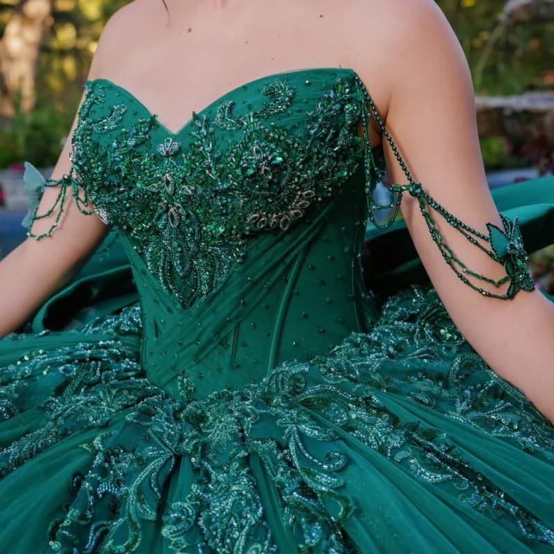 Dark Green Quinceanera Dress Crystal Glitter Flower Decal Long tail off-shoulder Layering Bow Vestidos De 15 Quinceanera Custom