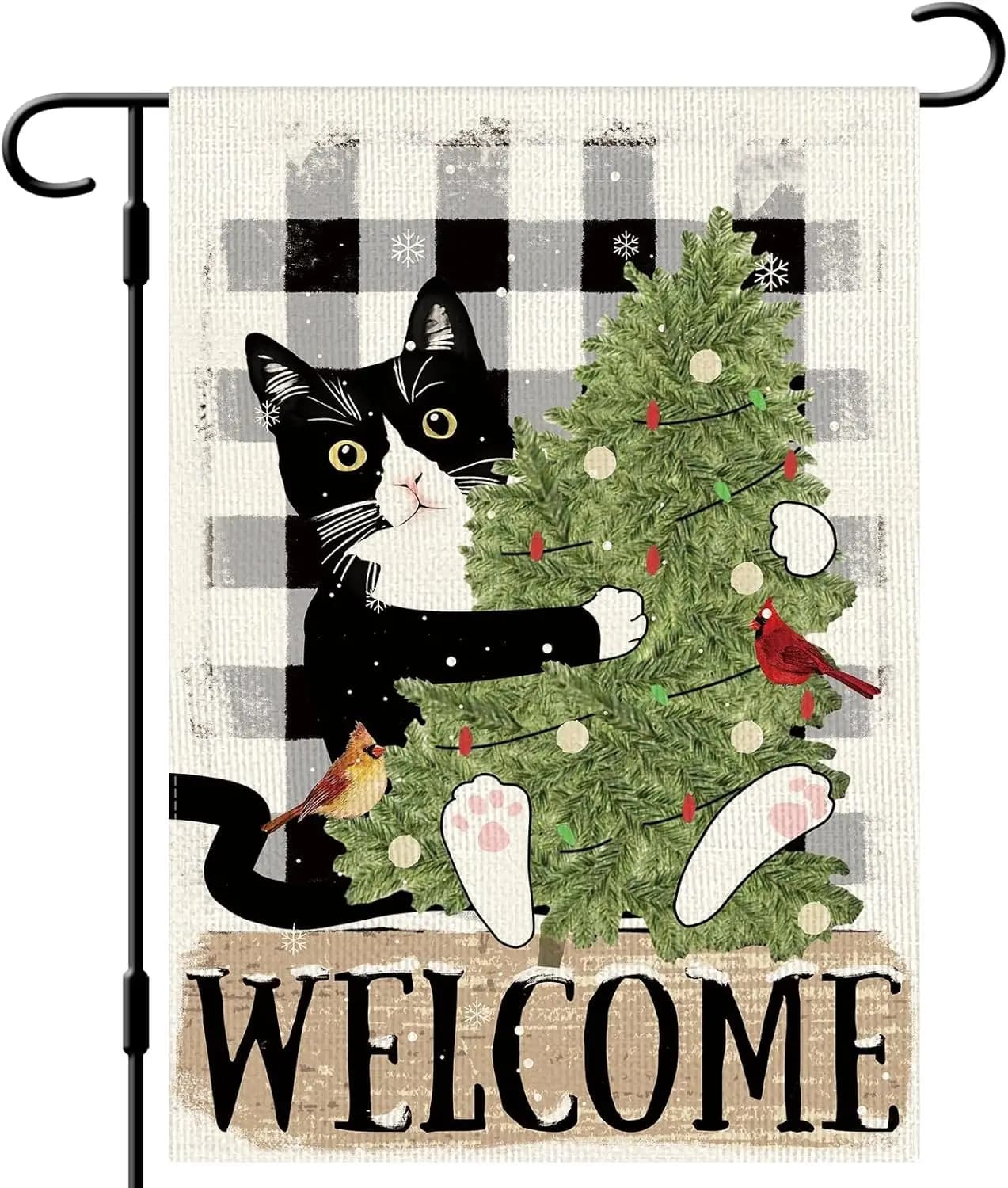DLZDN Winter Welcome Garden Tuxedo Cat Tree Flag 12×18 Inch Double Side Vertical Burlap Farmhouse Yard Sign Winter Christmas GGO