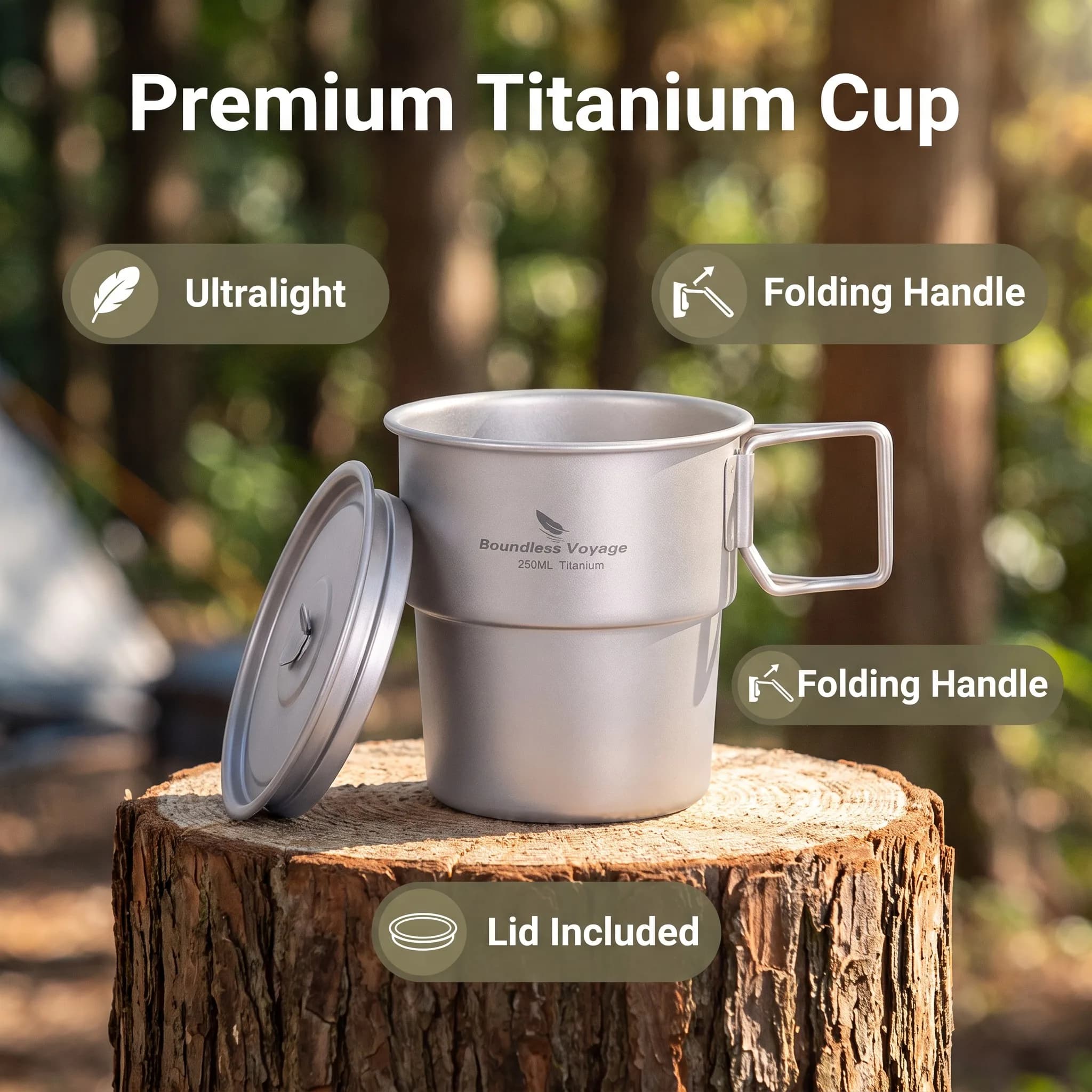 Boundless Voyage Titanium Camping Mug Cup 250ml Outdoor Stackable Travel Drinking Mug with Folding Handle for Beer Coffee Tea