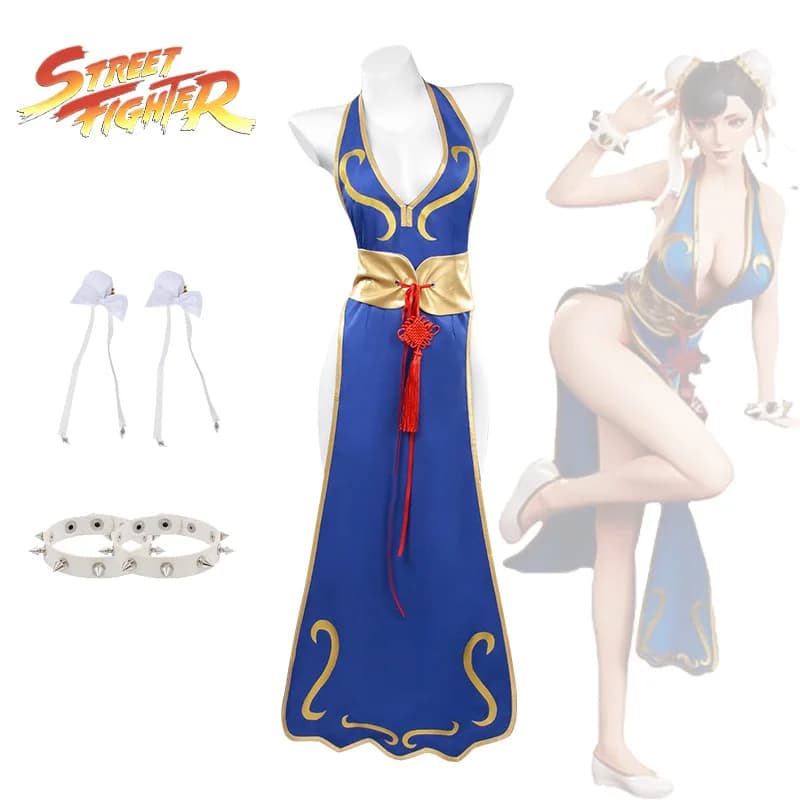 Nuovo costume cosplay Street Fighter Chunli, cheongsam sexy, costume da spettacolo di danza del leone, costume cosplay anime di Halloween