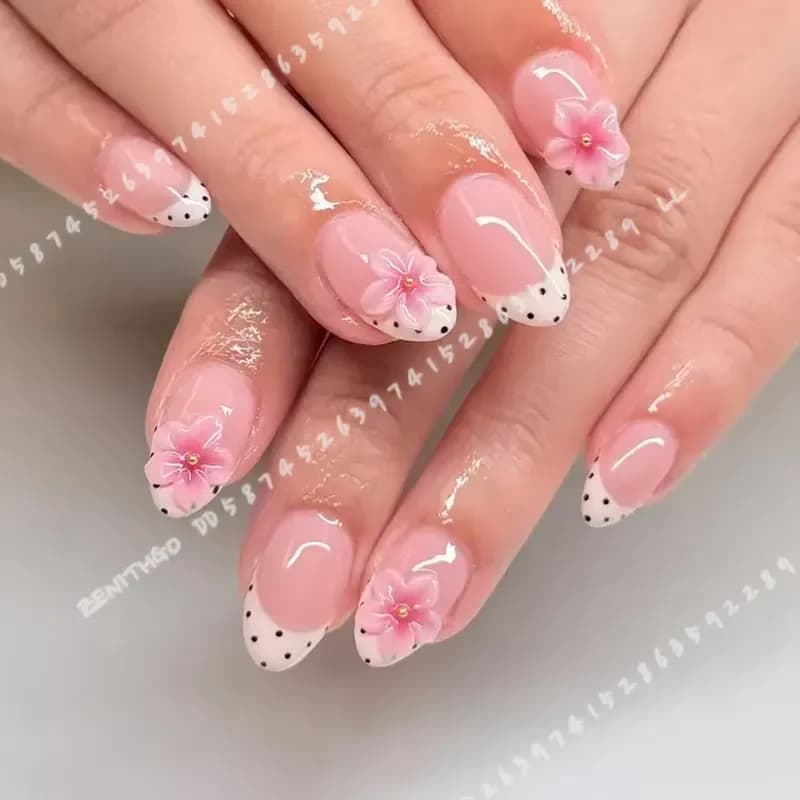 24pcs Short Oval 3D Gel Nail Tips Flower Nail Art French Acrylic Press On Nails False Nails for Women DIY Manicure