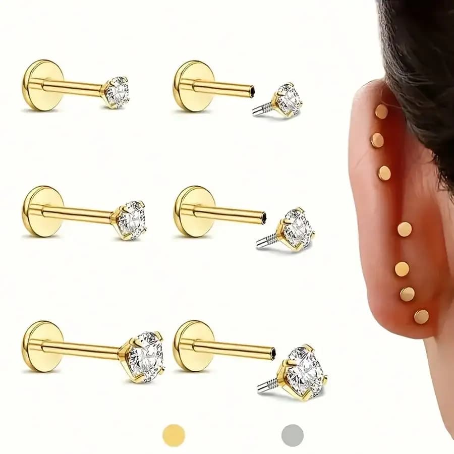 6 orecchini a lobo piatti dorati con pietra CZ, gioielli per piercing alla cartilagine e al trago 16G, acciaio inossidabile 316L ipoallergenico