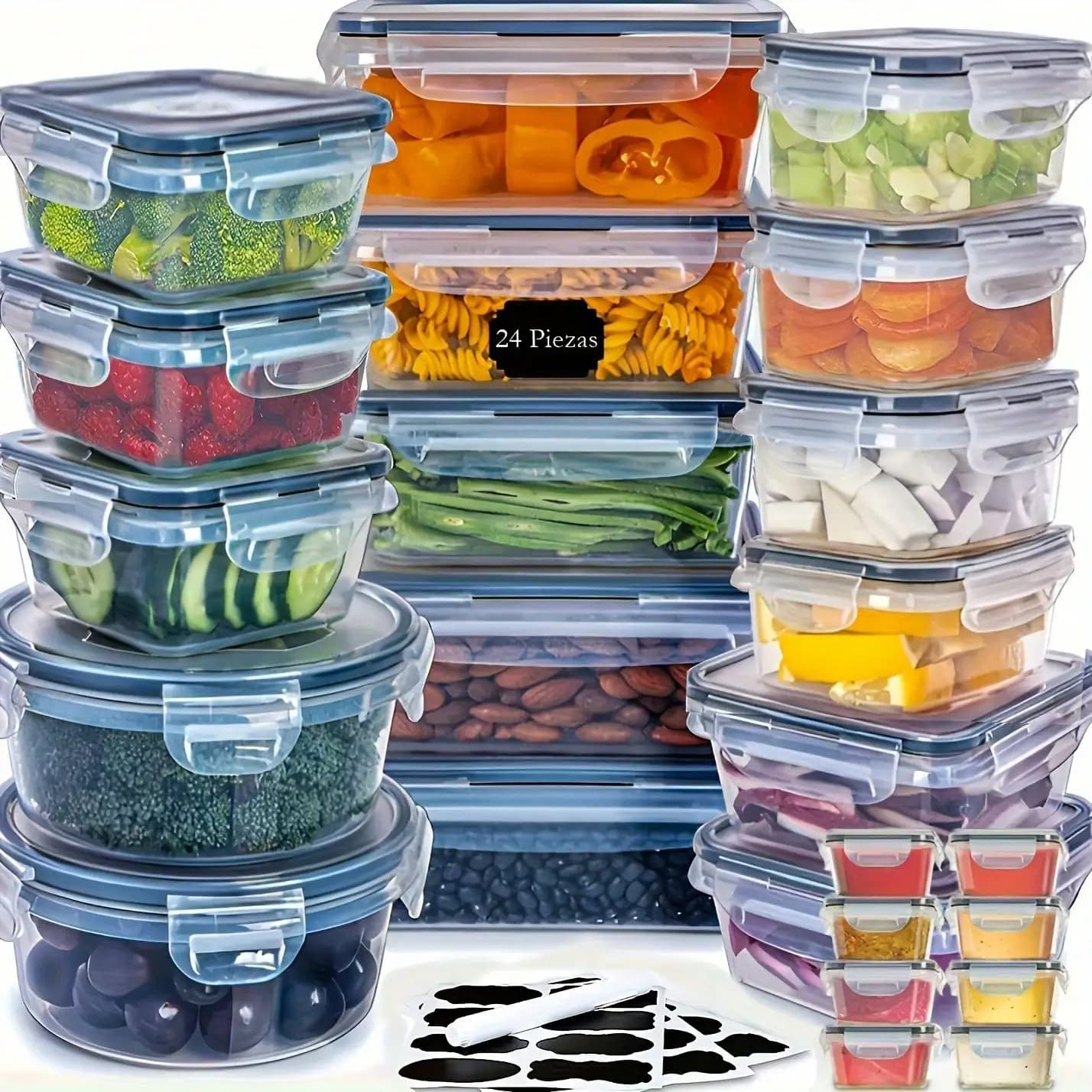 Set di 24 Contenitori per Alimenti Ermetici, Scatole Impilabili per Preparazione Pasti con Coperchi ed Etichette