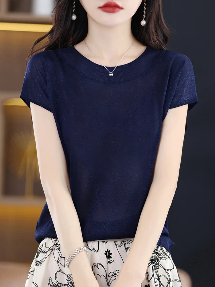 T-shirt sottile a maniche corte in maglia, scollo rotondo, coprispalle, top estivo sottile da donna per la primavera anticipata