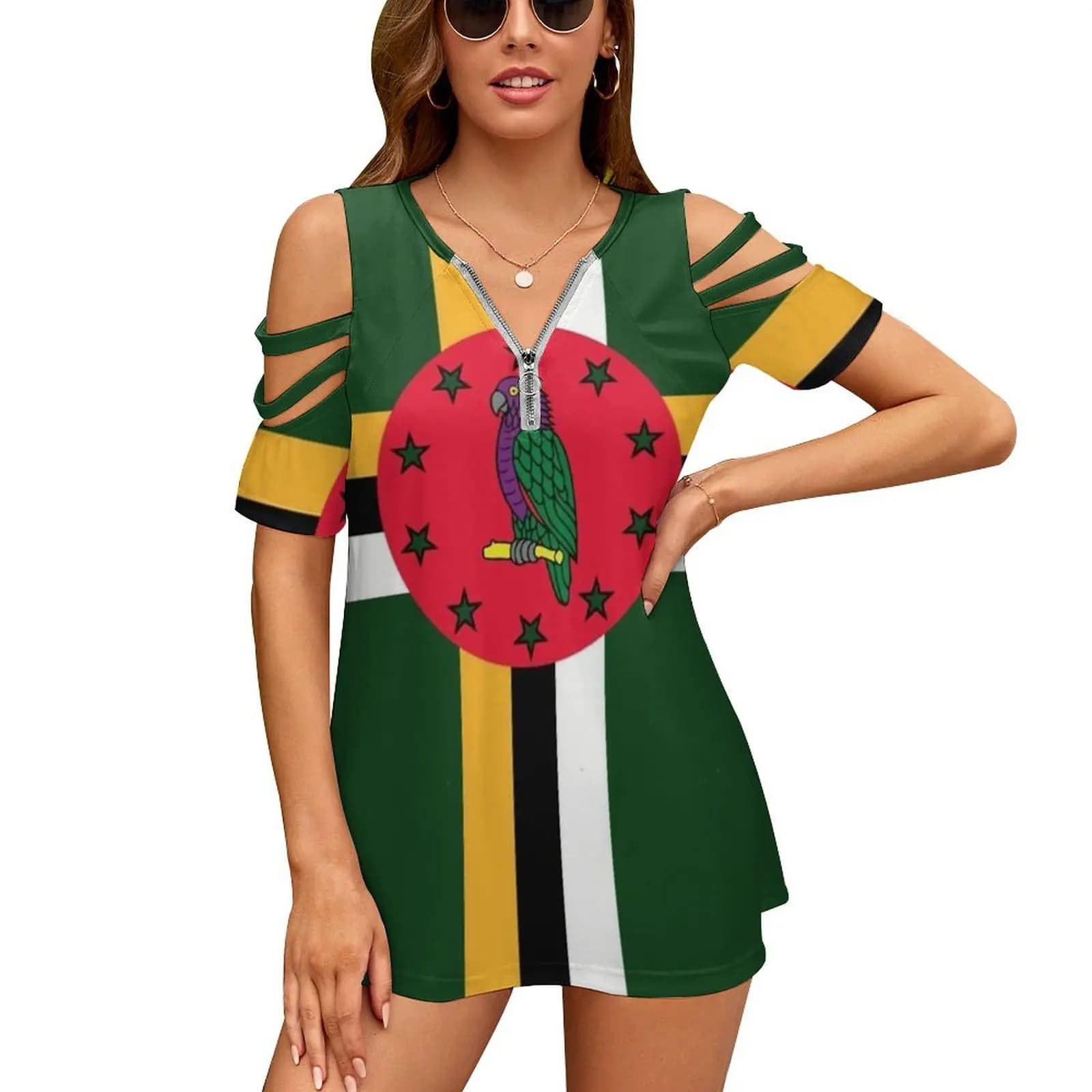 T-shirt da donna con bandiera nazionale della Dominica, moda estiva, stampa floreale, scollo a V, cerniera, maglietta, pullover cavo, top da donna, Dominica