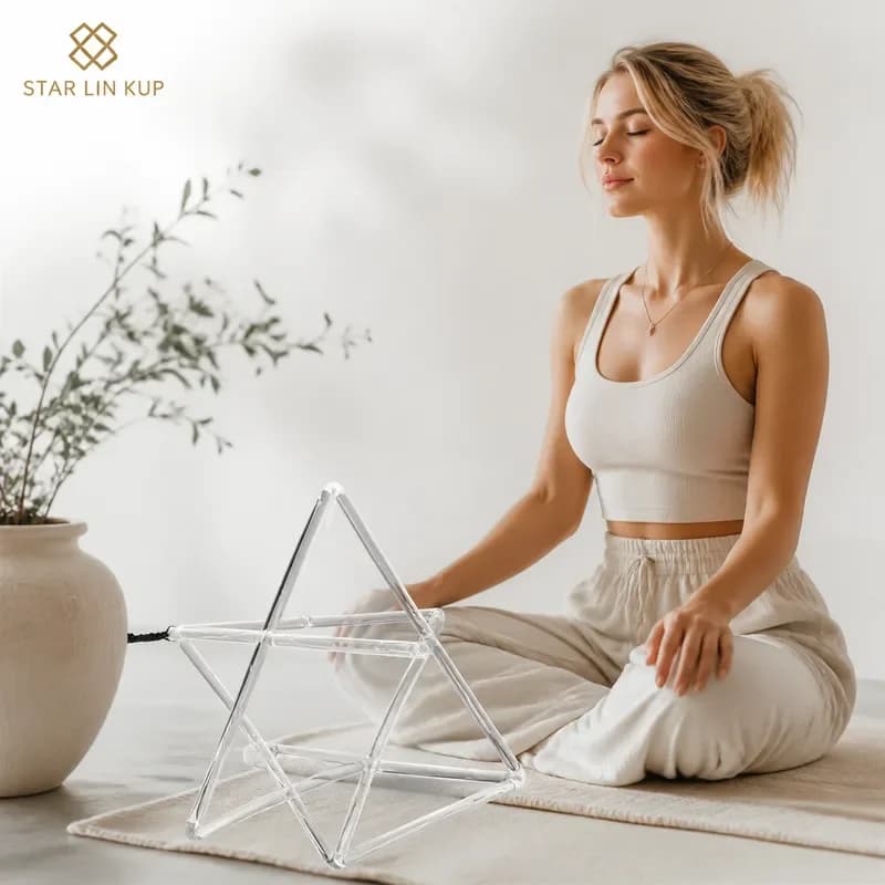 STAR LIN KUP 9 Inch Clear Crystal Singing Merkaba Double Pyramid for Sound Healing Music Therapy Chakra Balancing Meditation