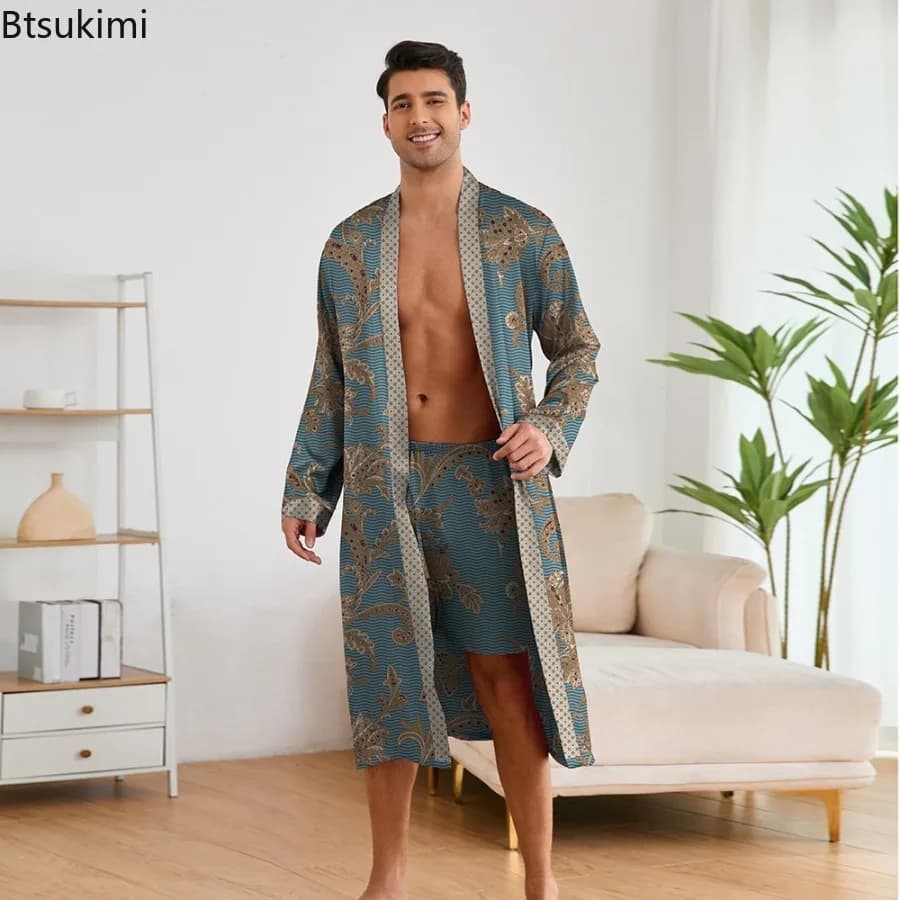 Nuovi uomini Stampa Robe Set Indumenti da notte Kimono Accappatoio Pantaloncini 2 pezzi Set Estate Homewear Abito lungo Pigiama Lace Up Camicia da notte Maschile