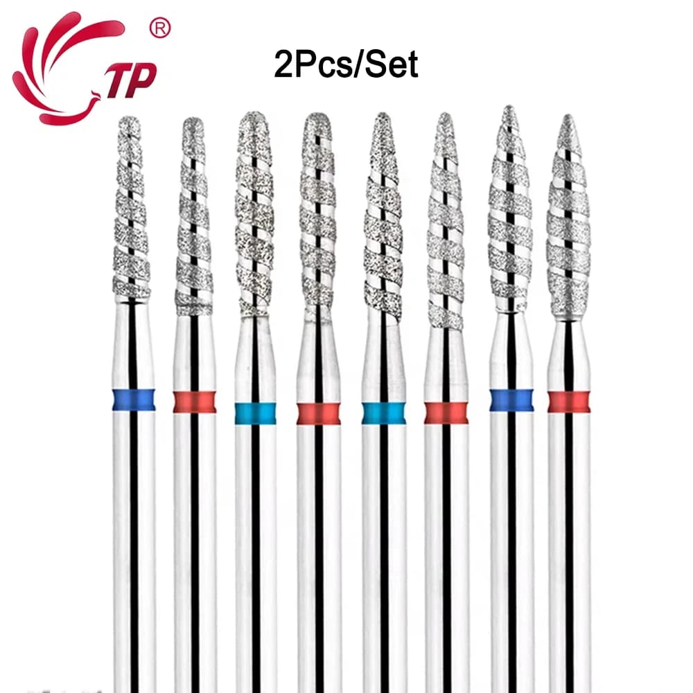 TP 2 pezzi punte da trapano per unghie con diamante a fiamma 3/32 "punte da trapano per manicure con particelle a spirale per punte per levigatrice per unghie strumenti per la pulizia delle cuticole