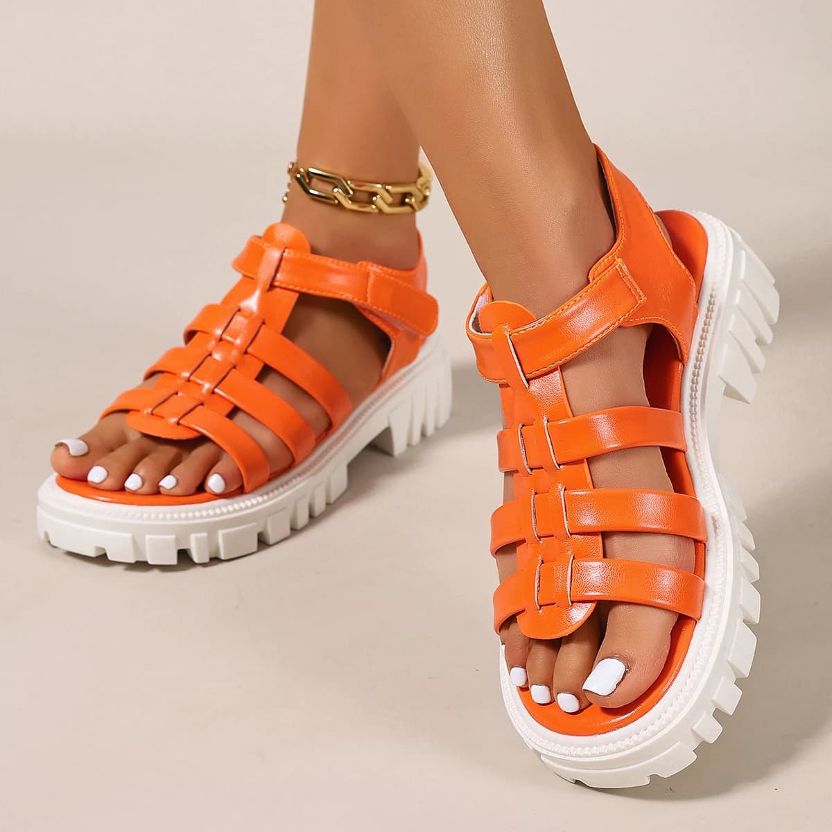 2026 New Women's Solid Color Platform Sole Non-slip Comfortable Open Toe Sandals Summer Narrow Strap Velcro Thick Bottom Sandals