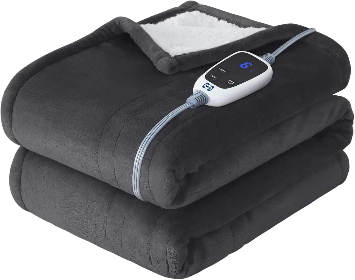 Coperta riscaldata elettrica reversibile, flanella e Sherpa, 6 livelli di calore, spegnimento automatico 2-10 ore, lavabile in lavatrice, grigio scuro