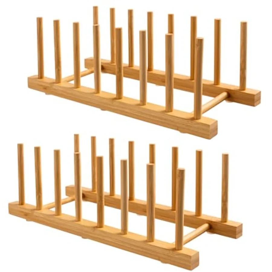 2-Pack Bamboo Wooden Dish Rack Holder Space-Saving Vertical Organizer for Plates, Cups, Pots, Lids, Bowls and Cutting Boards Ki