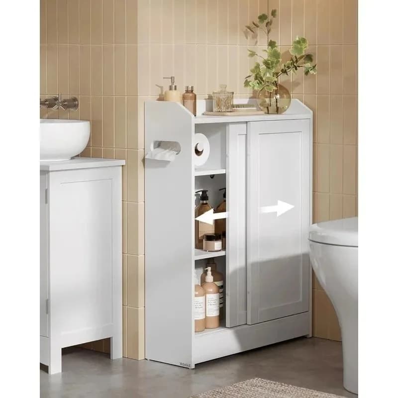 Armadietto da bagno sottile con porta carta igienica, scomparto per spazzole, porte scorrevoli e ripiani regolabili