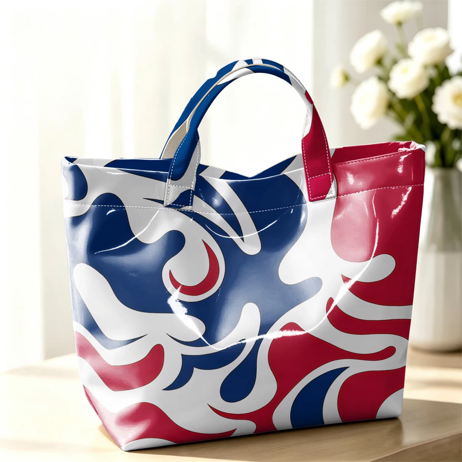 Tricolor Swirl Stylish Large Glossy PVC Tote Bag Washable Waterproof Durable Ideal for Travel Commute Cosmetics Books Handbags